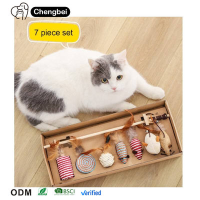 고양이 티저 놀이 고양이 장난감 인터랙티브 세트 목재 선물 상자 7pcs 고양이 티저 스틱 고양이